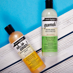 Aunt Jackie's jar on bathroom shelf lifestyle shot showing daily care routine compatibility