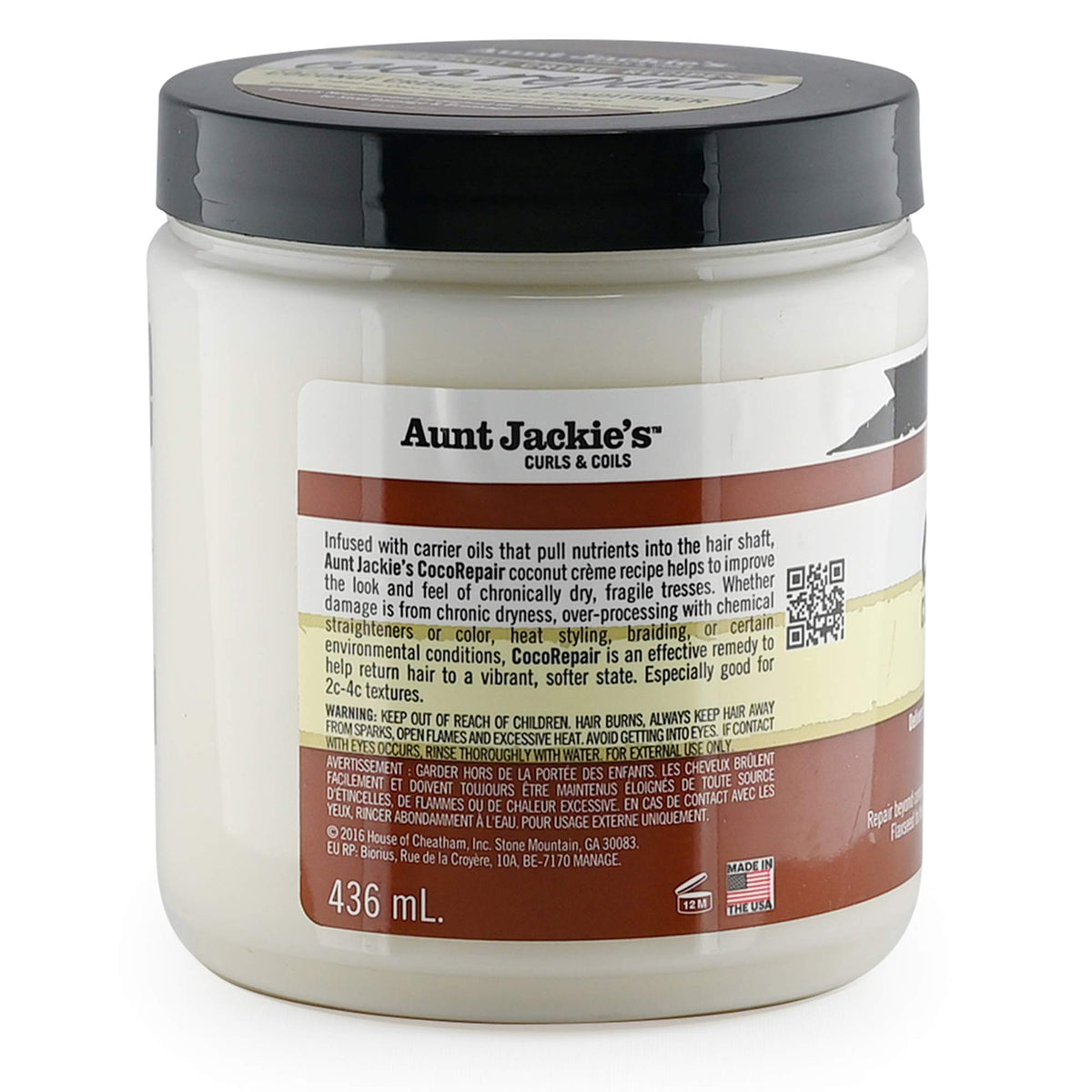 Aunt Jackie's ingredient label close-up showing coconut and avocado benefits