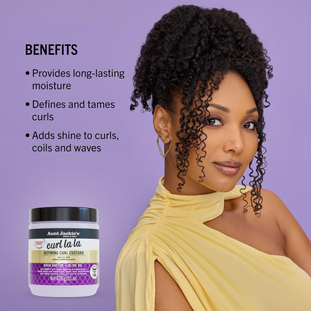 Application on wet curls using Aunt Jackie's custard to enhance curl formation and manage frizz