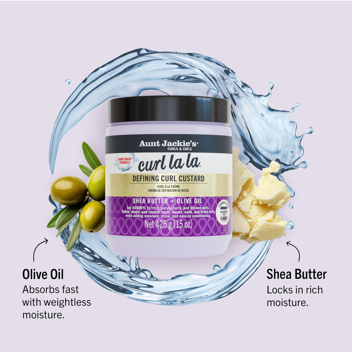 Close-up of shea butter and olive oil next to Aunt Jackie's jar highlighting natural conditioning benefits