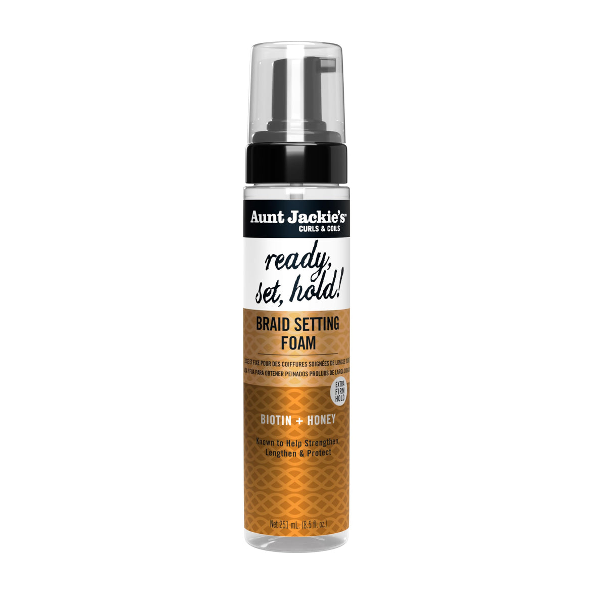 Aunt Jackie's foam front packaging shows product and extra firm hold benefit