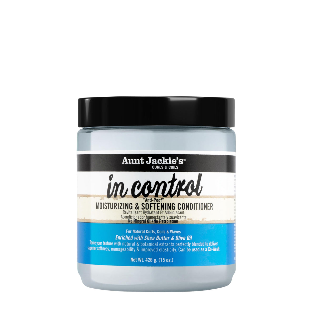 Aunt Jackie's front packaging showing 15oz bottle and product benefit