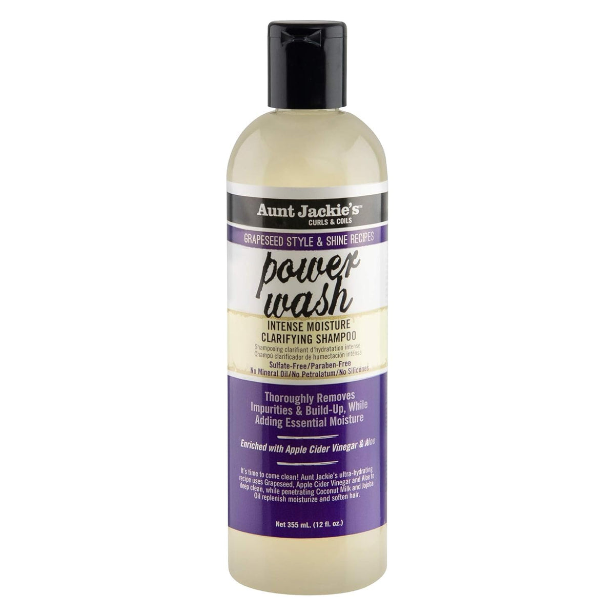 Aunt Jackie's front bottle showing Power Wash clarifying shampoo and benefits