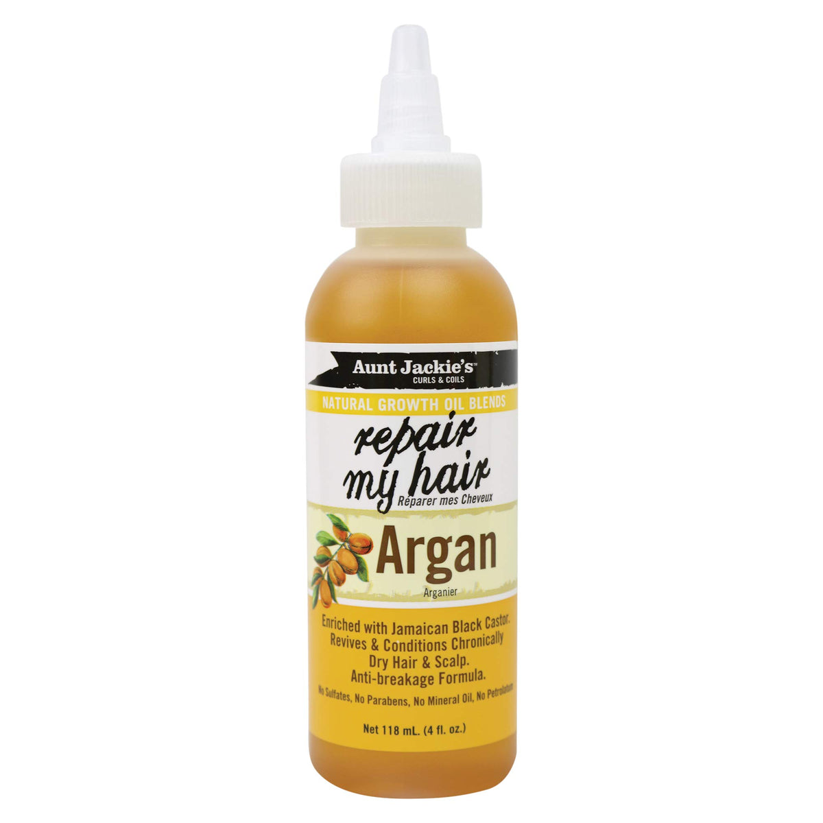 Aunt Jackie's front packaging showing 4 oz bottle and label, promotes anti-breakage