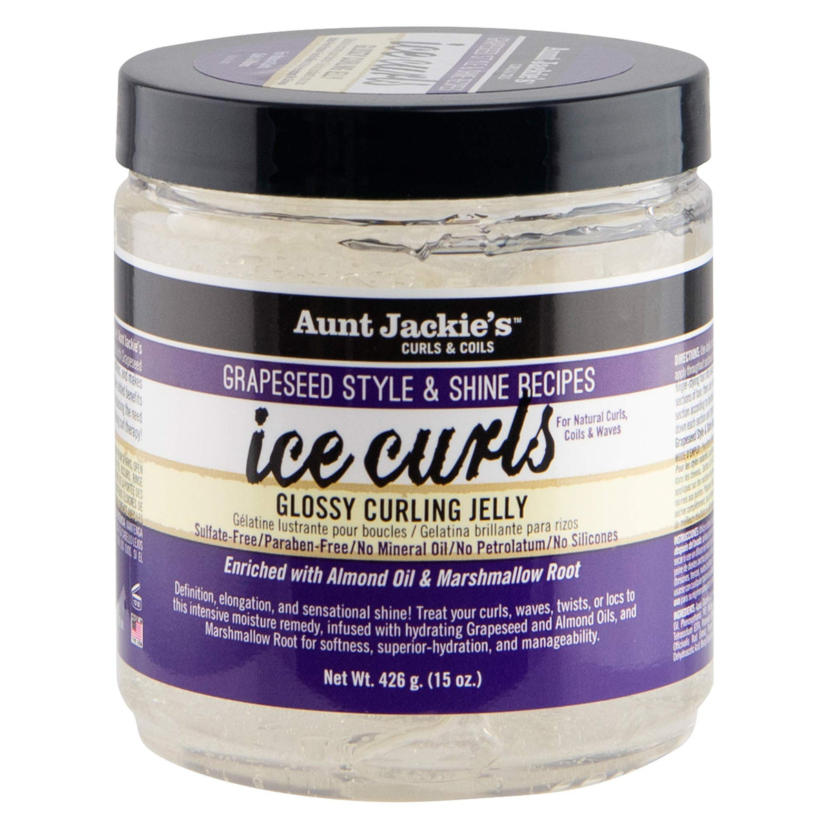 Aunt Jackie's jar front view showing label and glossy finish benefits