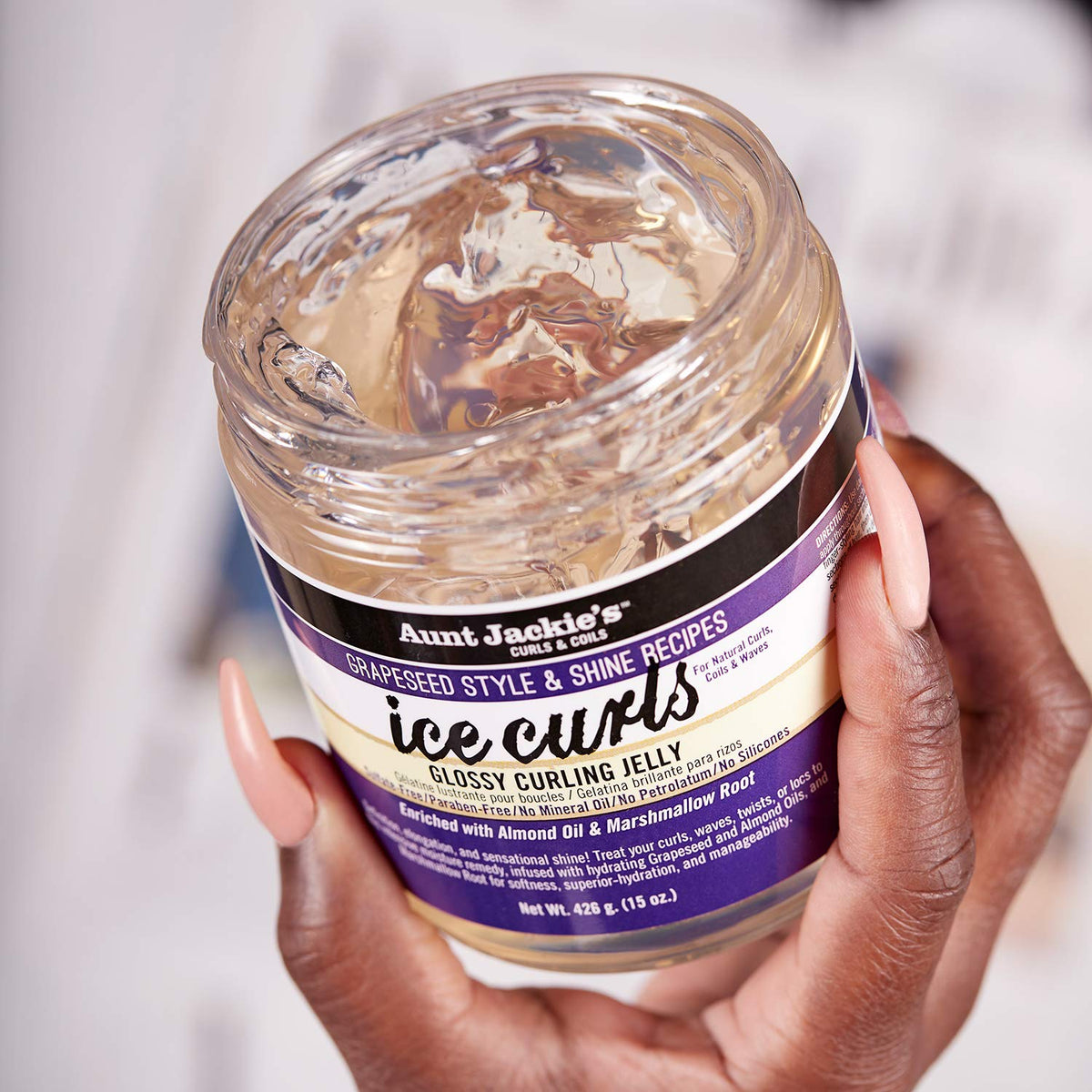Aunt Jackie's ingredient focus with grapeseed and almond oils highlighted