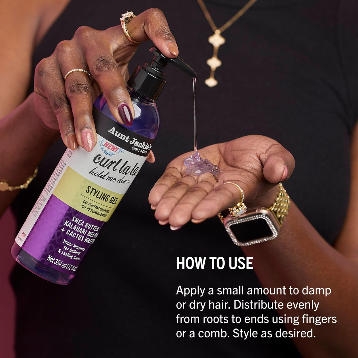 Aunt Jackie's in-use application on wet hair for enhanced curl definition