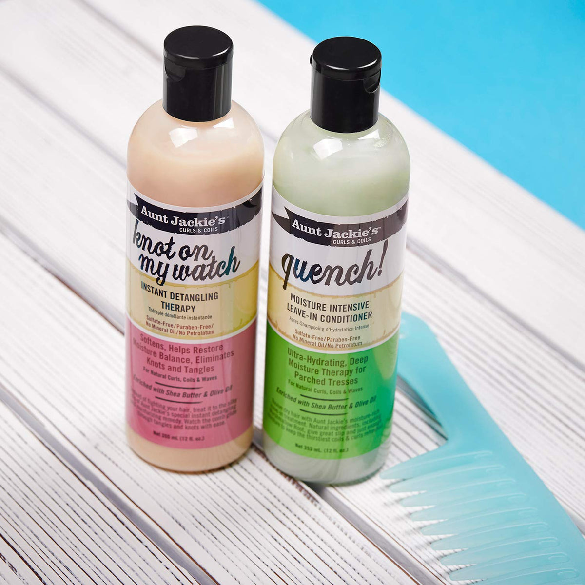 Shea butter and olive oil visuals with Aunt Jackie's branding to emphasize nourishing benefits