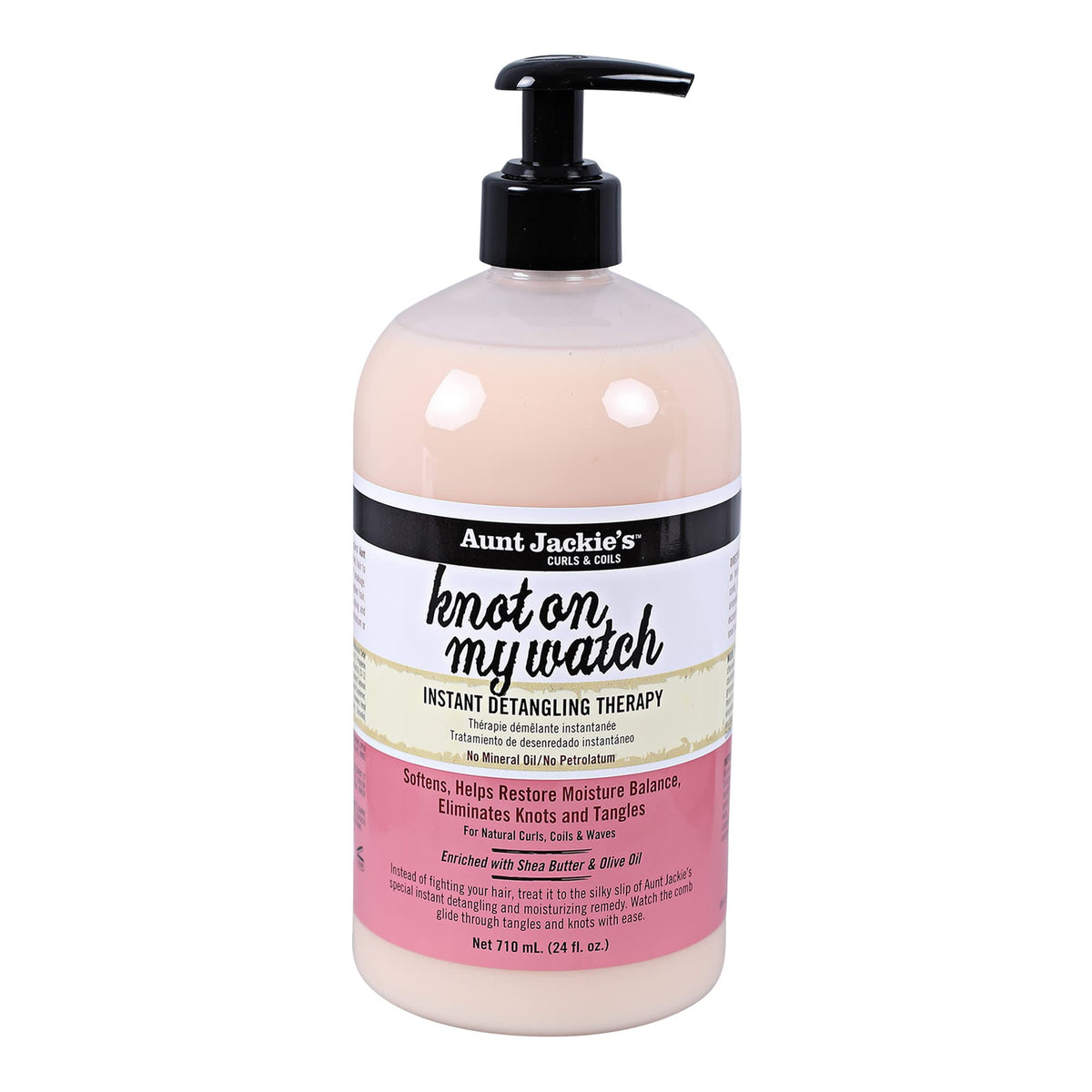 Aunt Jackie's front pump bottle showing label and easy dispensing for faster detangling
