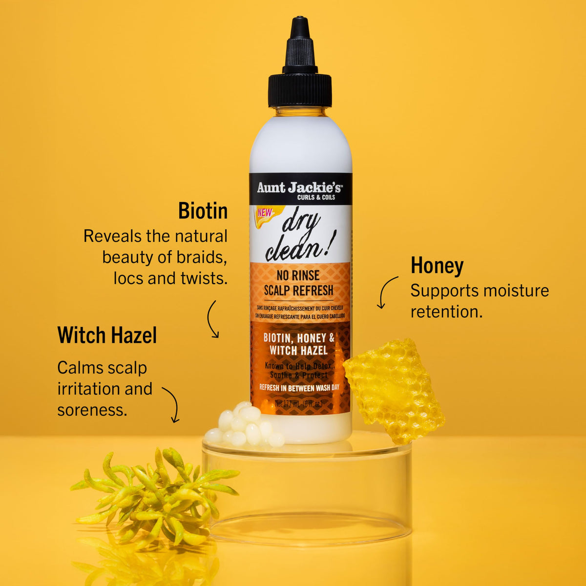 Aunt Jackie's close-up label highlighting active ingredients and claims