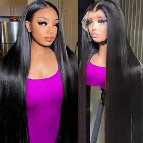 AUOU front view 30-inch 13x6 straight wig showing sleek natural finish and volume