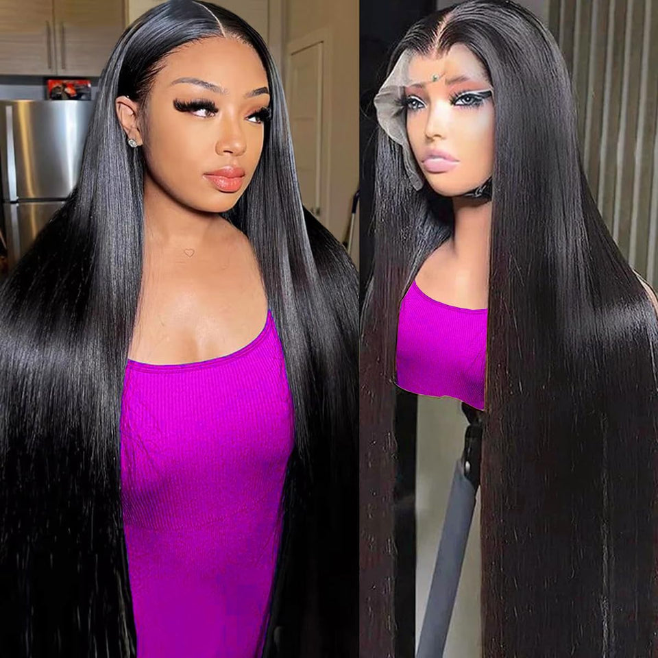 AUOU front view 30-inch 13x6 straight wig showing sleek natural finish and volume