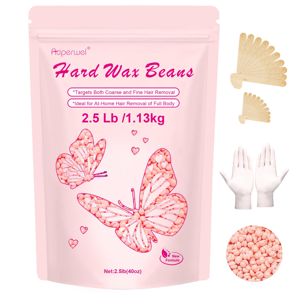 Auperwel front bag rose hard wax beads showing packaging and quantity benefits