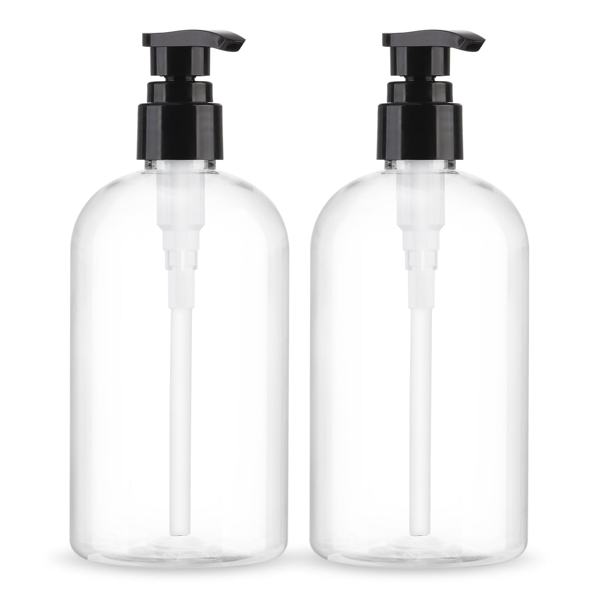 Aurnoet front view of two clear pump bottles showing capacity and minimalist label benefit