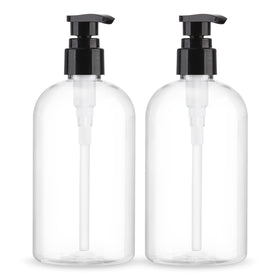 Aurnoet front view of two clear pump bottles showing capacity and minimalist label benefit