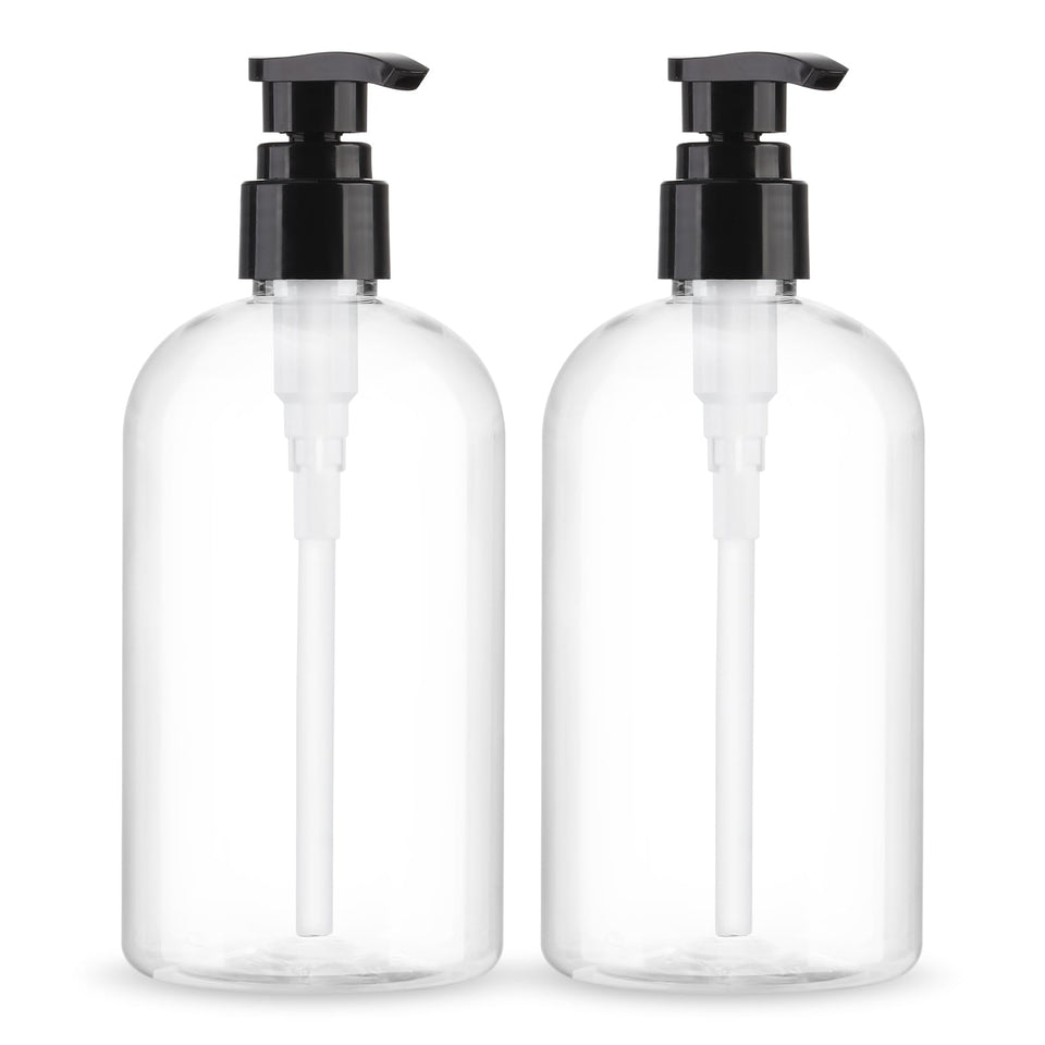 Aurnoet front view of two clear pump bottles showing capacity and minimalist label benefit
