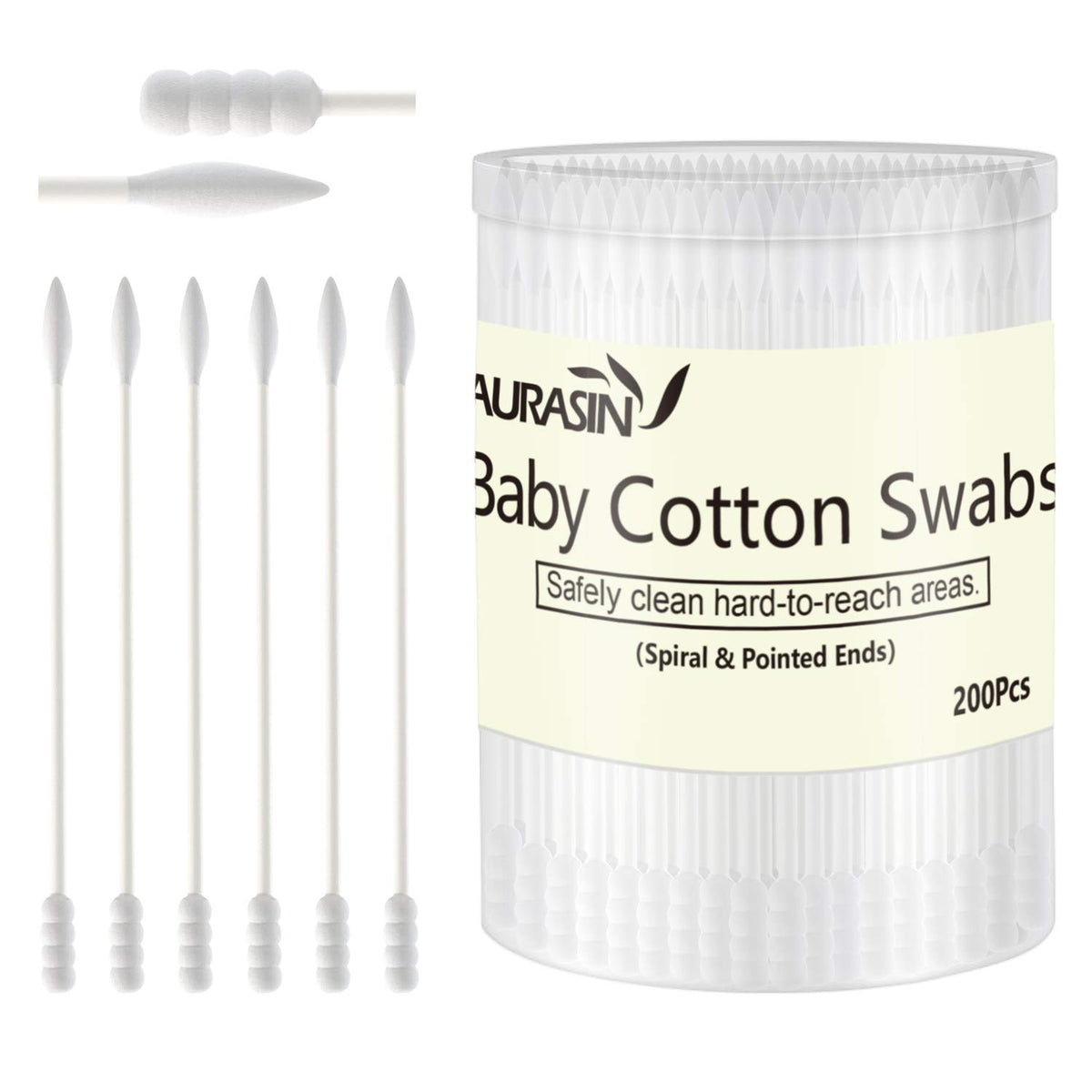 AURASIN front box showing 200 cotton swabs and compact packaging benefit portability