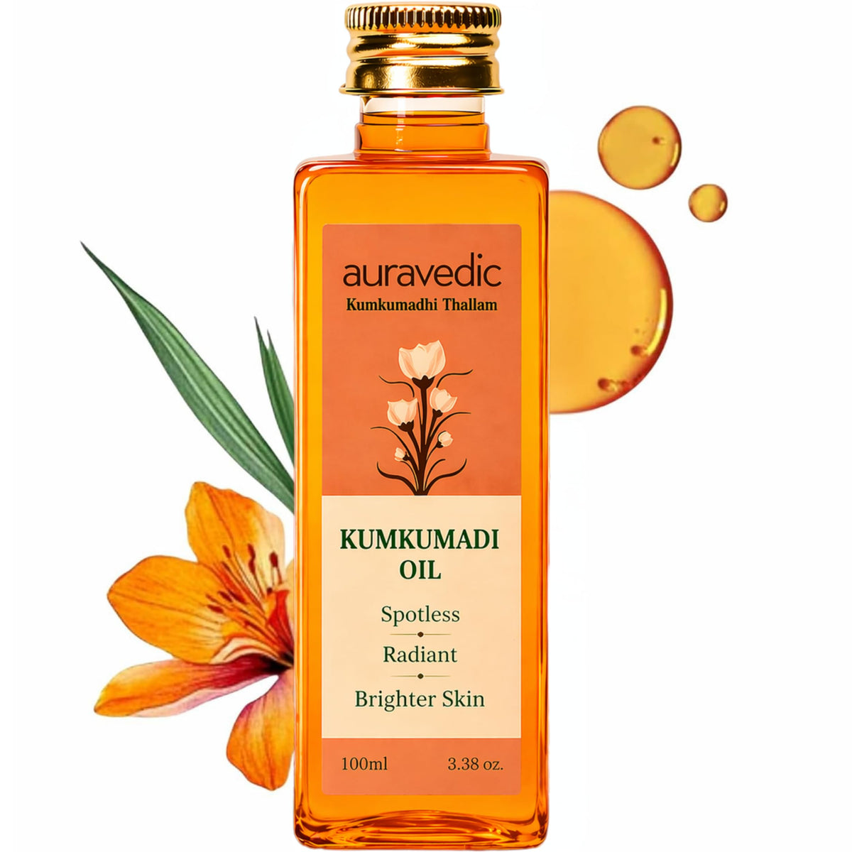 Auravedic bottle front view showing branding and sleek packaging benefit glow