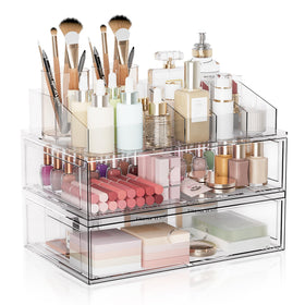 Aurblozen front view of clear makeup organizer showing full three-tier storage and tidy layout