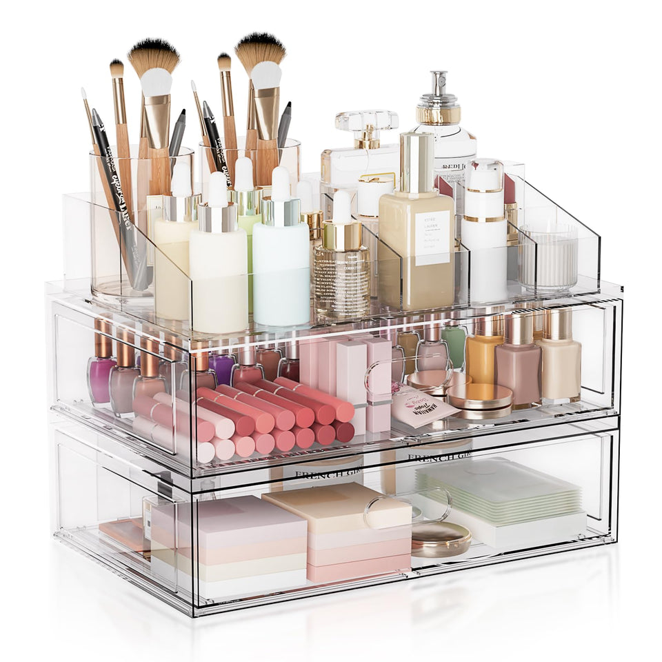 Aurblozen front view of clear makeup organizer showing full three-tier storage and tidy layout