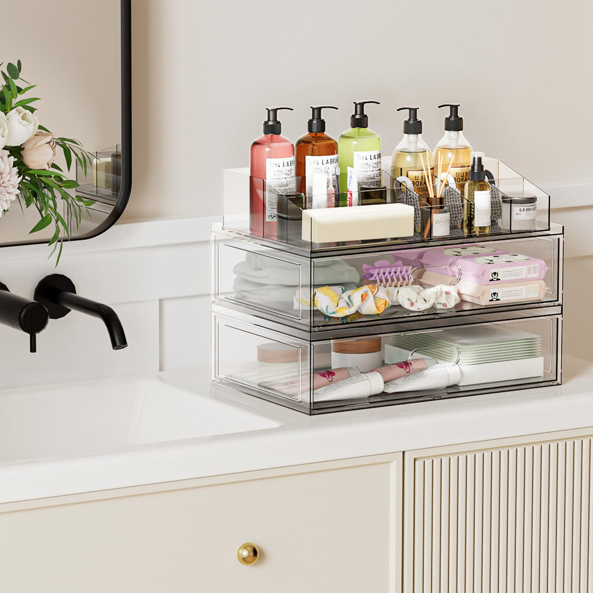 Aurblozen on a vanity with skincare and cosmetics staged to show organized, dust-free display