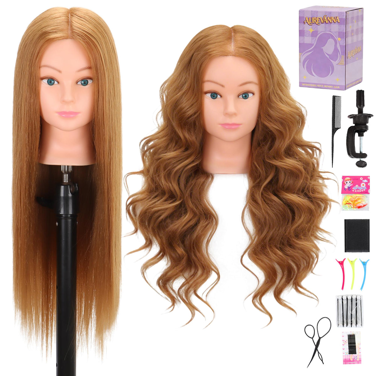 Aurevanna mannequin head front view showing full blonde hair for realistic styling