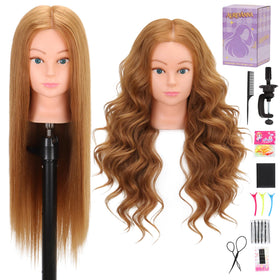 Aurevanna mannequin head front view showing full blonde hair for realistic styling