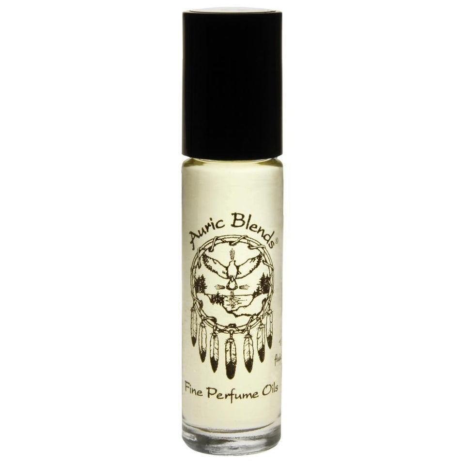 Auric Blends bottle front view showing compact roll-on and elegant label for easy travel