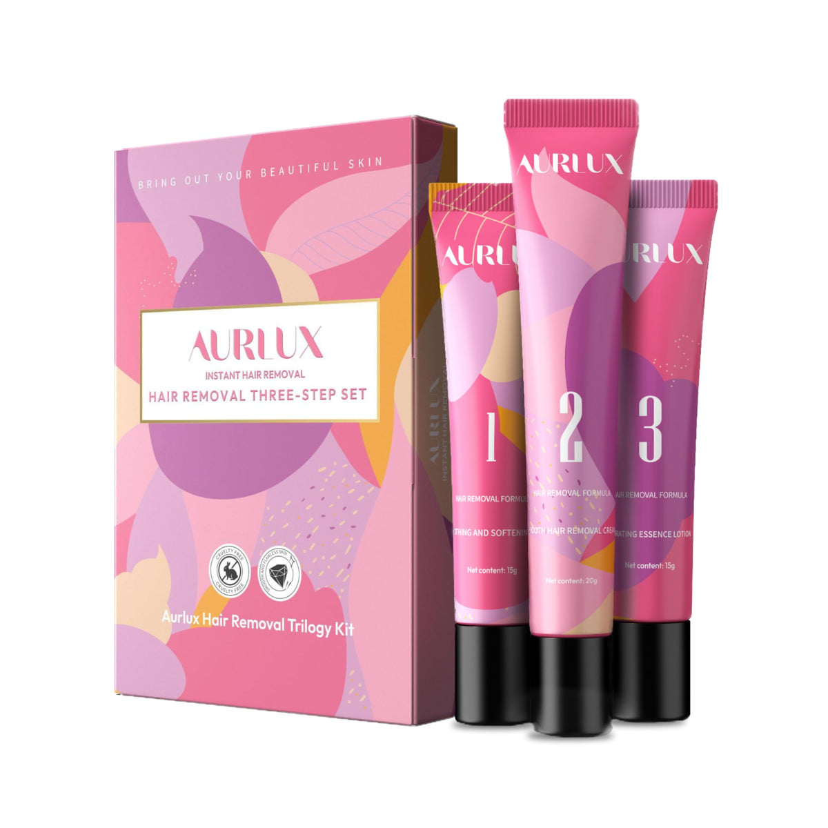Aurlux Trilogy Kit front packaging showing full three-step system and benefits