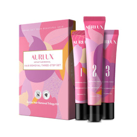 Aurlux Trilogy Kit front packaging showing full three-step system and benefits