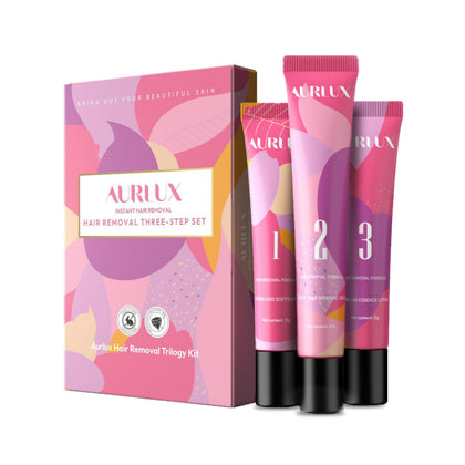 Aurlux Trilogy Kit front packaging showing full three-step system and benefits