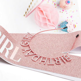 Aurmigle sash and tiara styled on party table creating celebratory, Instagram-ready vibe