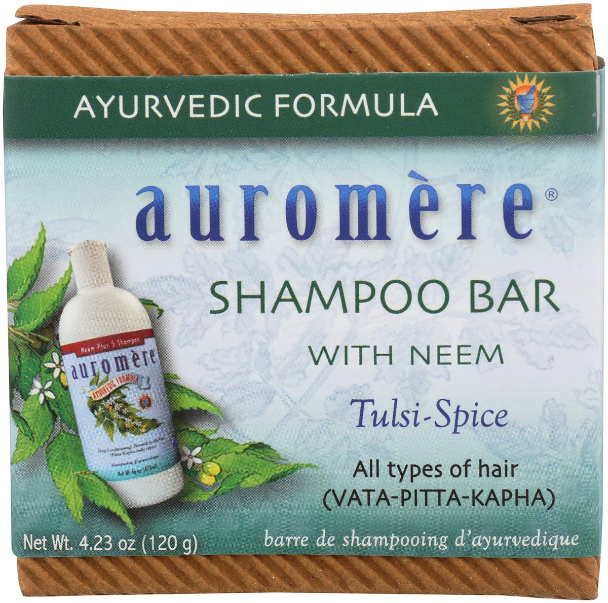 Auromere neem shampoo bar front packaging shows branding and eco benefits