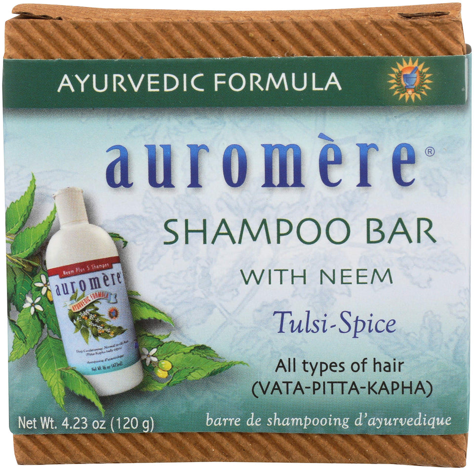 Auromere neem shampoo bar front packaging shows branding and eco benefits