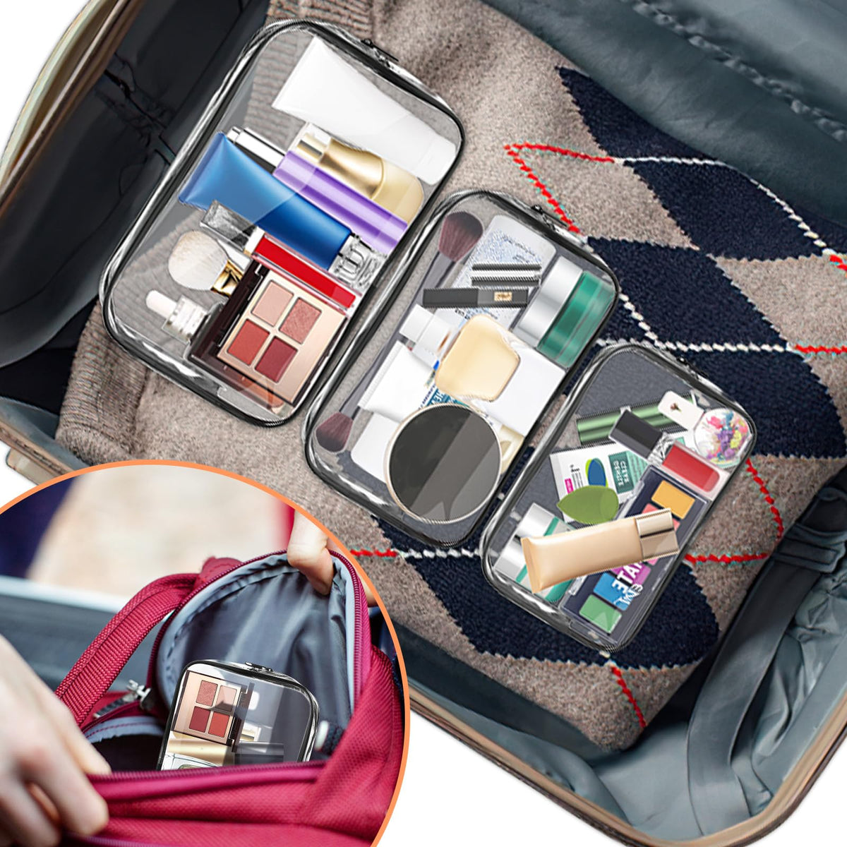 AURUZA clear pouch inside carry-on showing airport-ready packing benefit