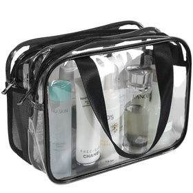 Auseibeely front view clear toiletry bag showing roomy interior and zipped top for quick access