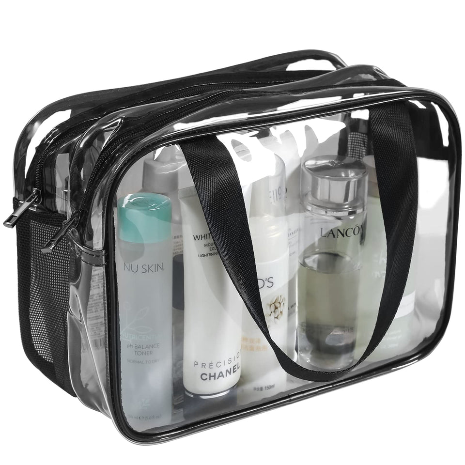 Auseibeely front view clear toiletry bag showing roomy interior and zipped top for quick access