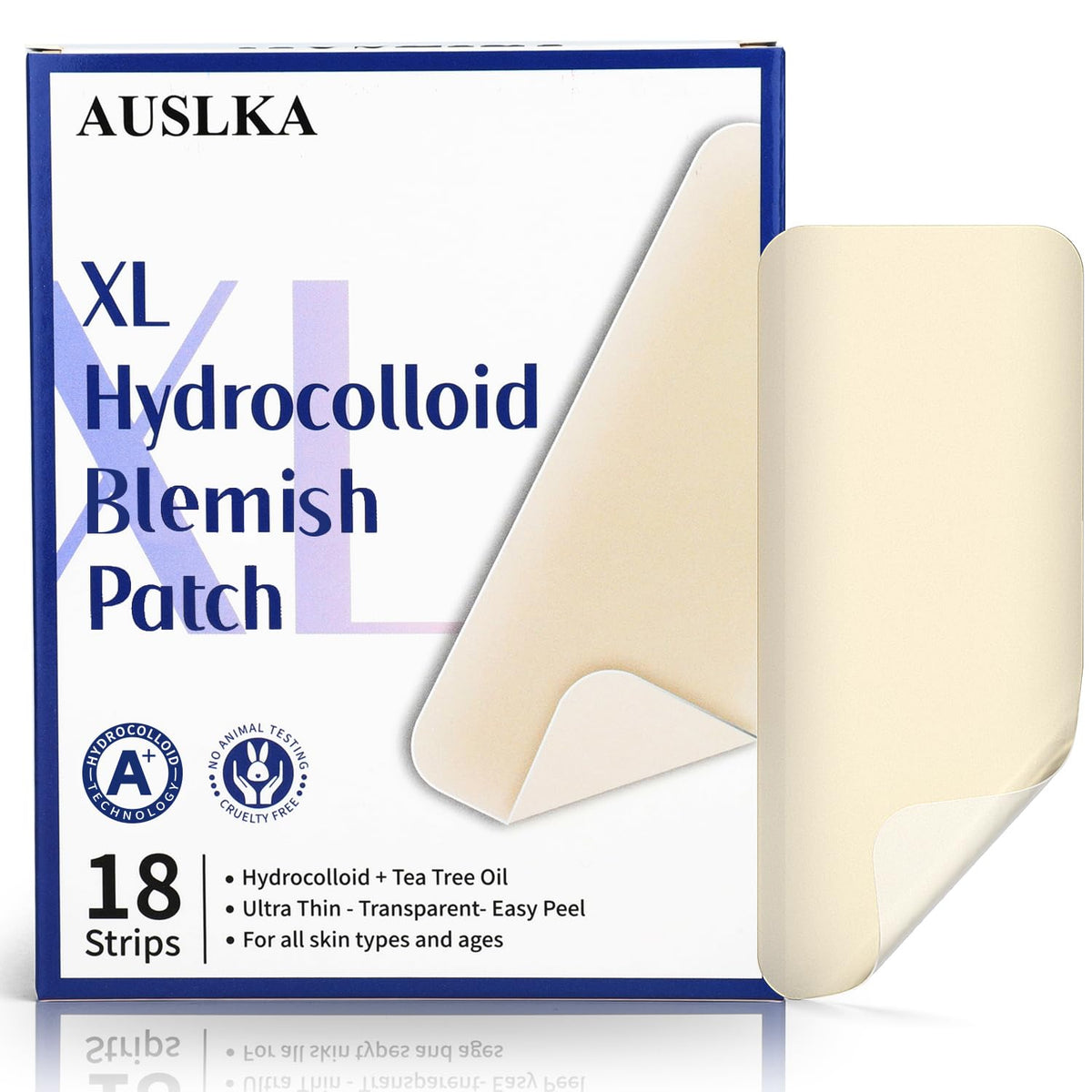 AUSLKA front packaging showing 18 XL blemish patches and benefits