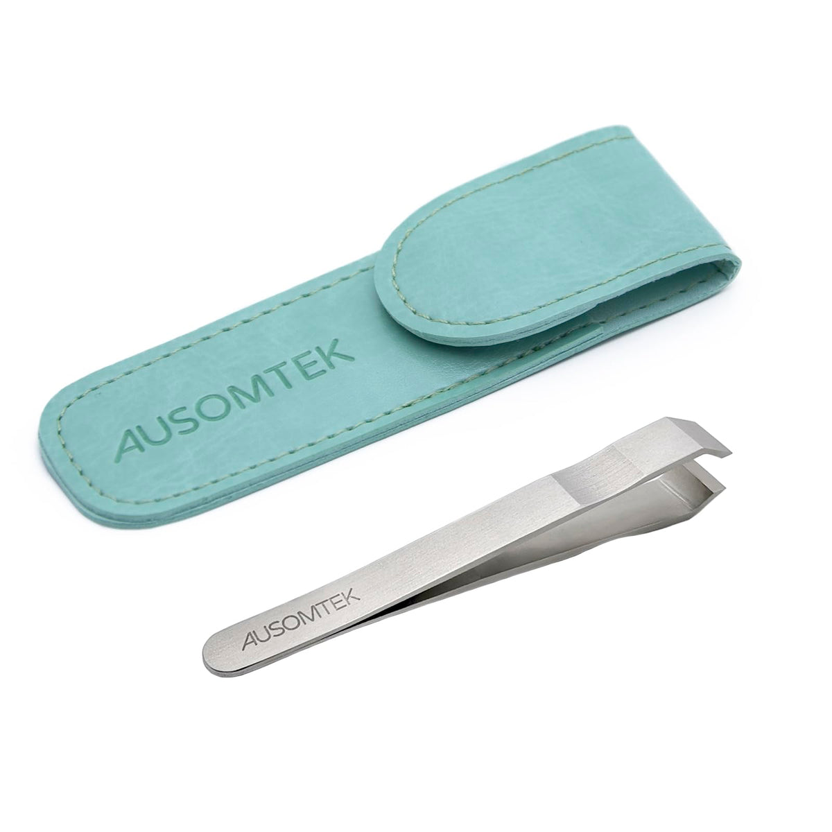 AUSOMTEK front view with cyan pouch showing travel-ready protection