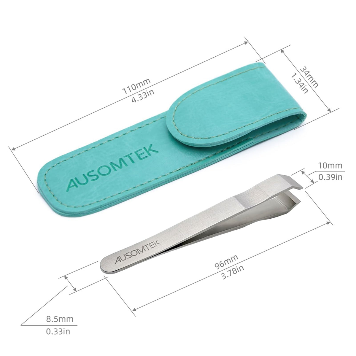 AUSOMTEK tweezers beside a coin showing compact travel size