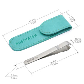 AUSOMTEK tweezers beside a coin showing compact travel size