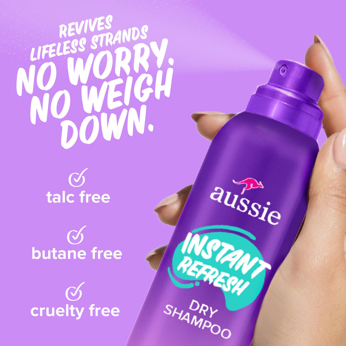 Aussie can label detail highlighting talc-free and butane-free benefits