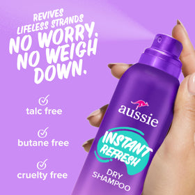Aussie can label detail highlighting talc-free and butane-free benefits