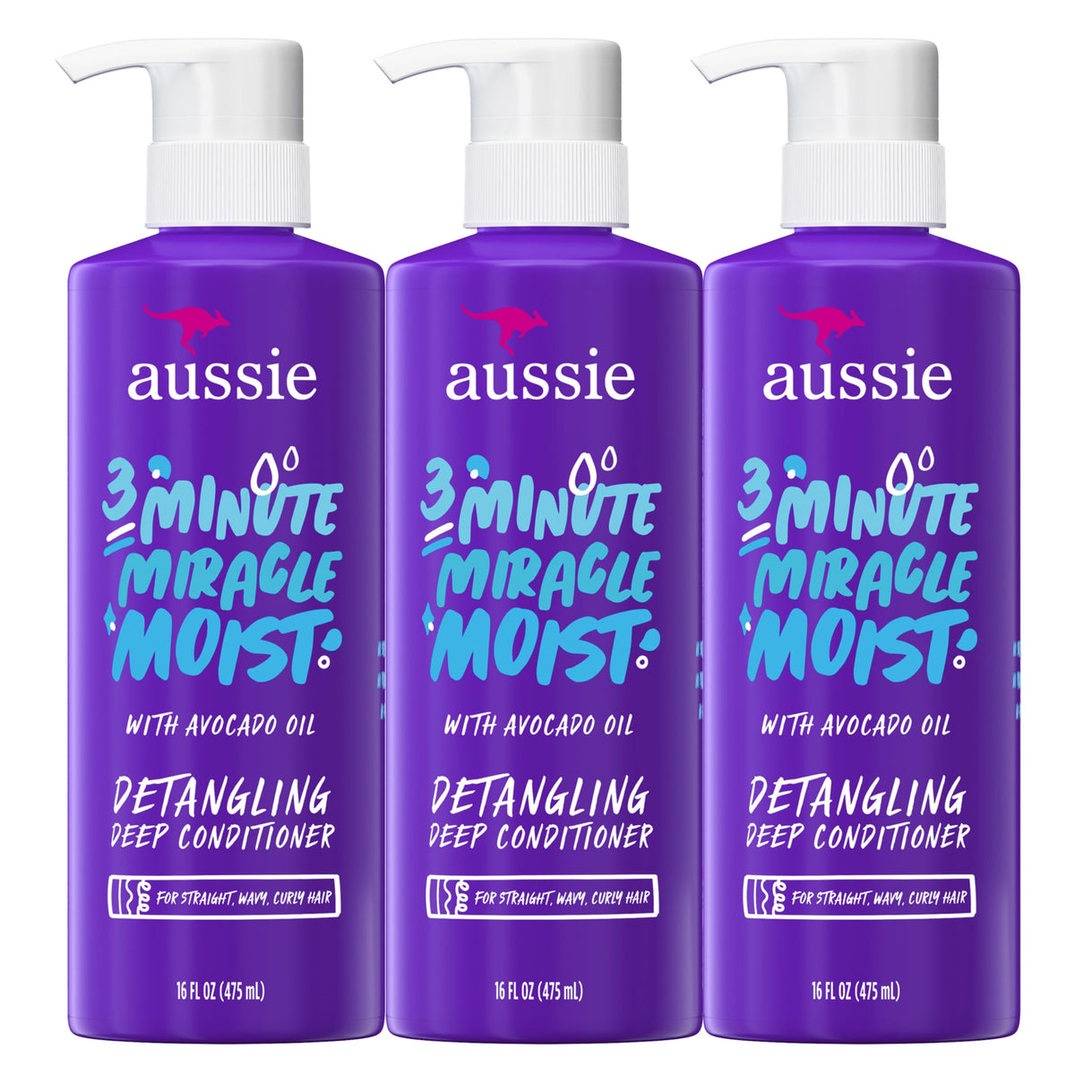 Aussie triple pack front view shows value and full-size bottles for long-term use