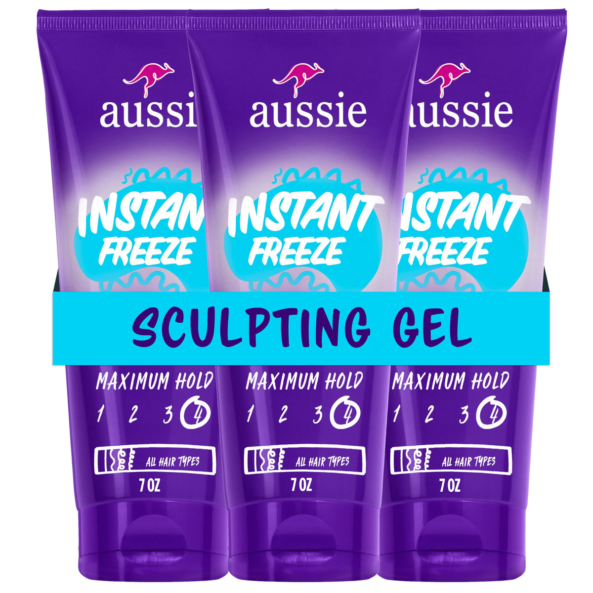 Aussie triple pack front packaging showing three 7 fl oz tubes and product benefits