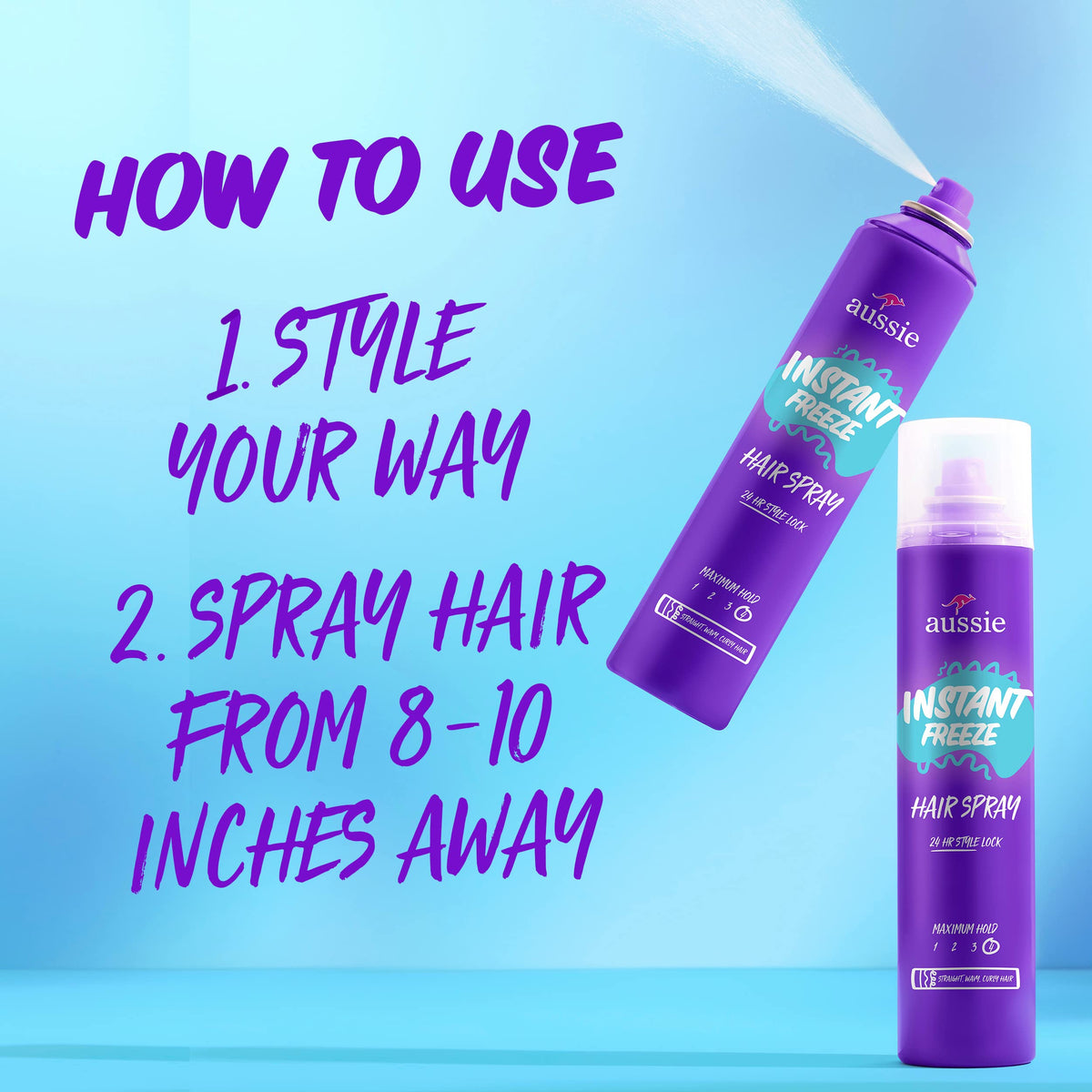 Aussie Instant Freeze being applied to styled hair to lock the look in place