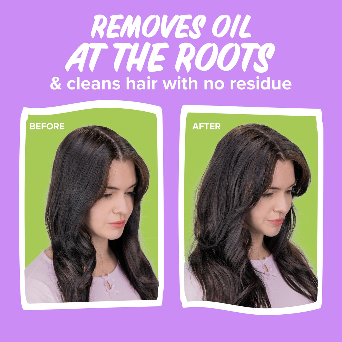 Side-by-side before and after roots using Aussie showing reduced oil and visible lift benefit