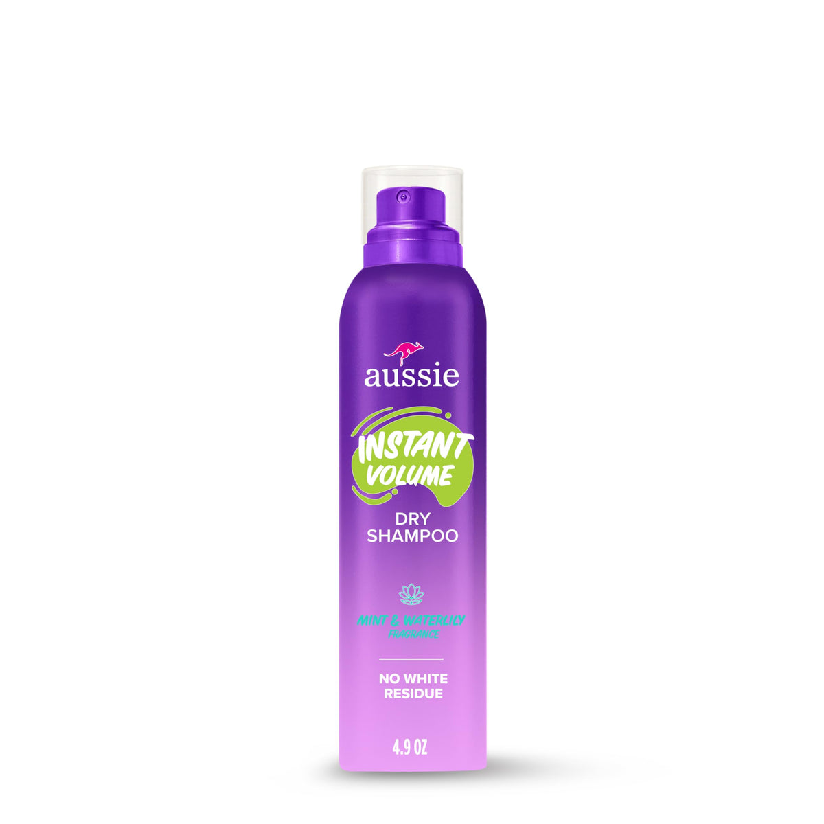 Aussie front packaging of Instant Volume dry shampoo showing 4.9 oz can and branding benefit refresh