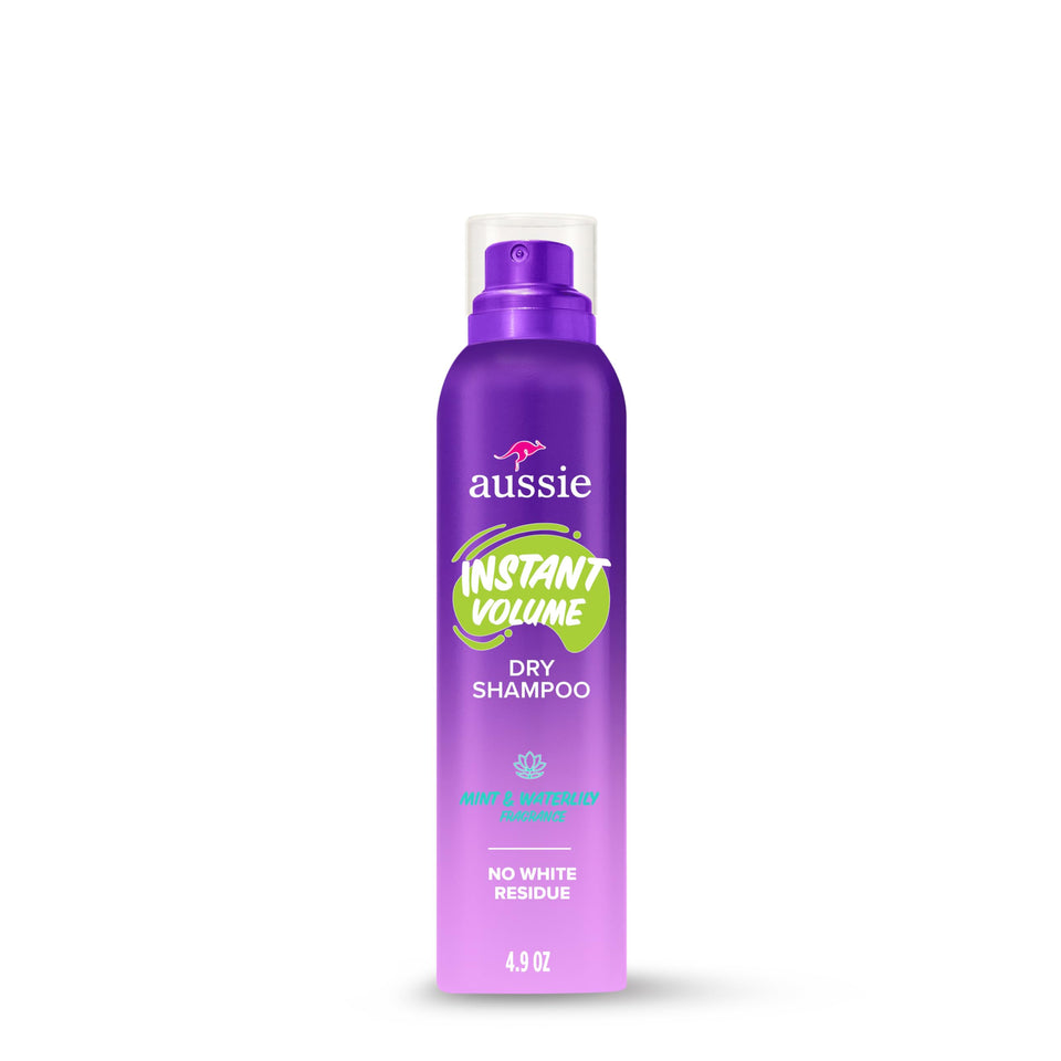 Aussie front packaging of Instant Volume dry shampoo showing 4.9 oz can and branding benefit refresh