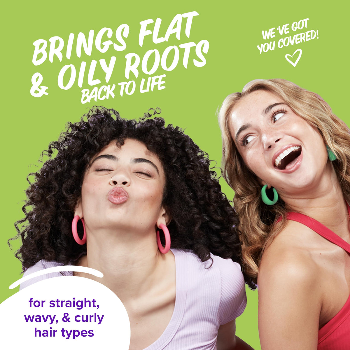 Model spraying Aussie on roots to refresh hair, demonstrating quick oil absorption and volume benefit